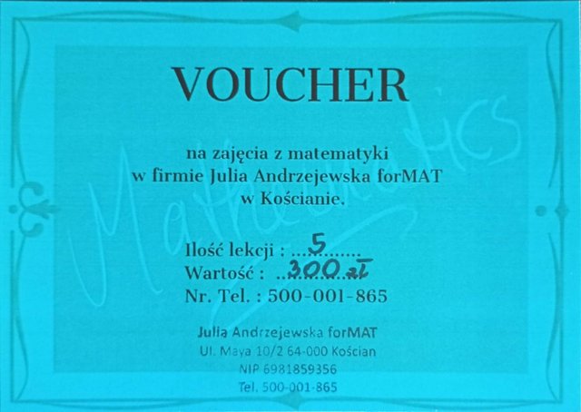 Voucher na zajęcia z matematyki - Firma Julia Andrzejewska forMAT